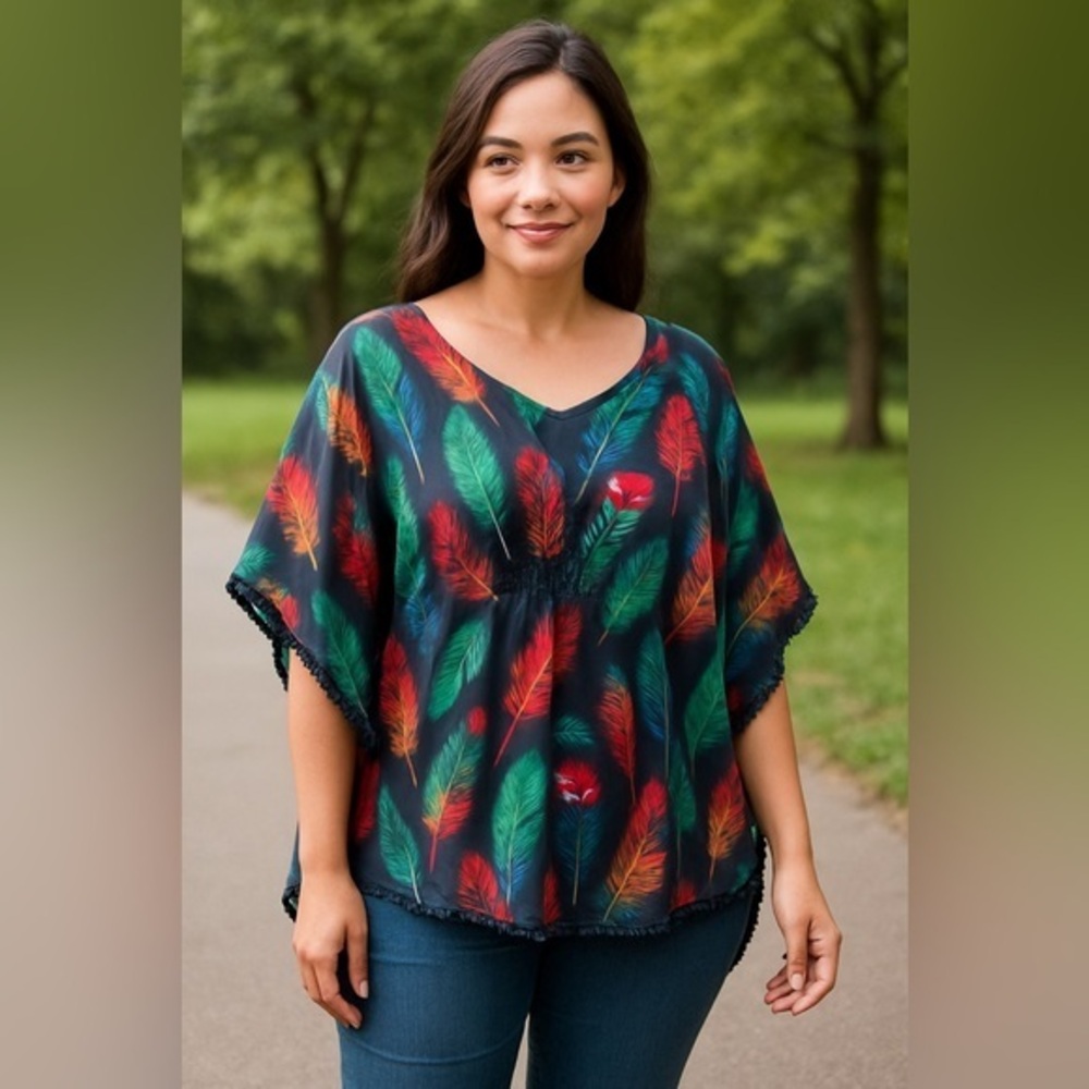 Love Fire Navy Multi Feather Print Batwing Boho Smocked Top Size 70s EUC M #881